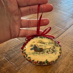 Vintage Christmas 1970’s Victorian Sleigh Ride Styrofoam Ornament W/Red Ribbon